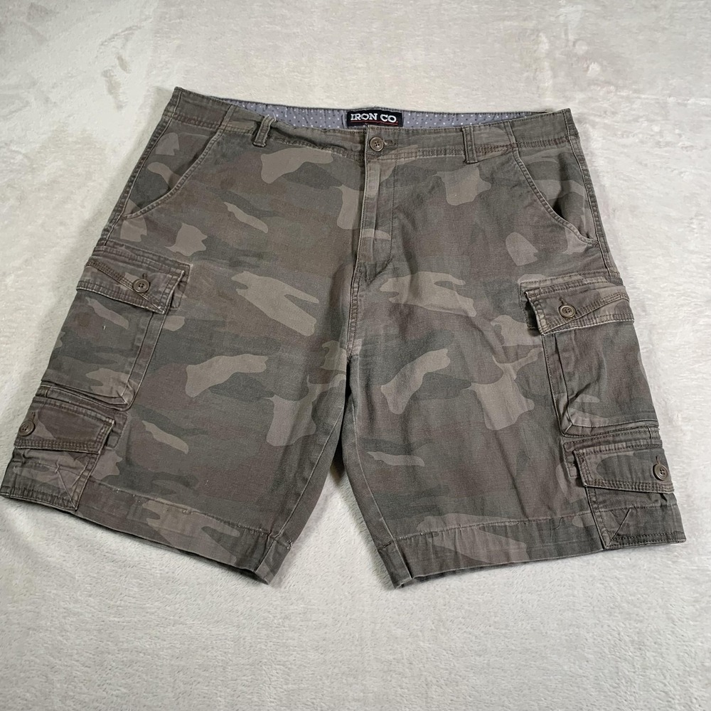 Iron Co Cargo Shorts Mens 40 Gray Camo Camouflage Pockets Casual Distressed FLAW